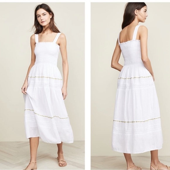 THE GREAT. The Clover Smocking Sleeveless Embroidered Floral Mid Dress - Picture 14 of 16